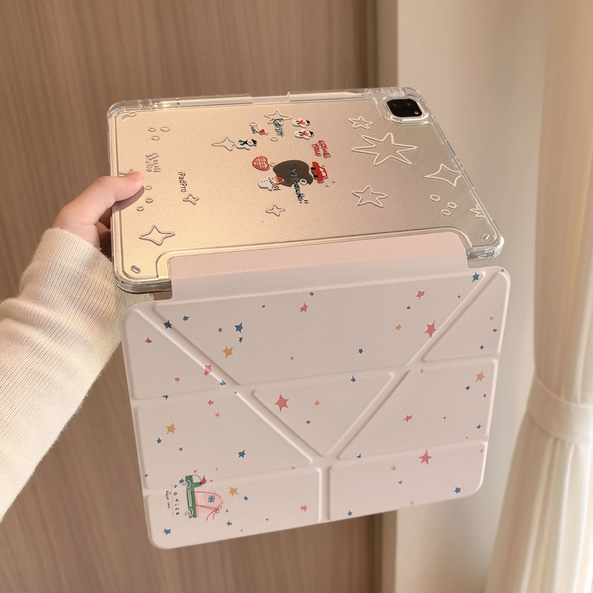Protectie pentru tableta, acril, compatibila cu iPad 10.2 inch 2019/2020/2021 generatiile 7/8/9, cu suport pentru stilou, stele stralucitoare, Roz, Apple iPad 10.2" 2019
