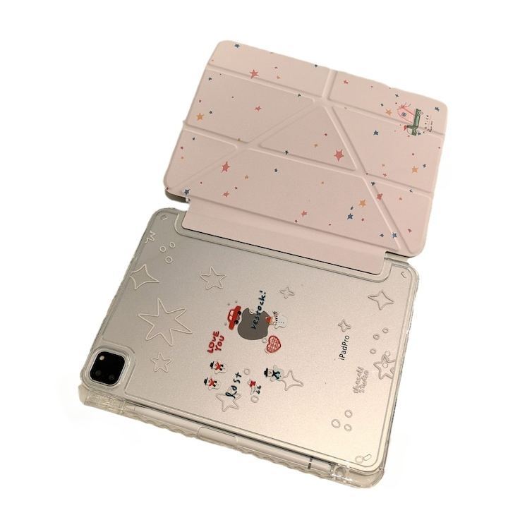 Tabletvédő, akril, kompatibilis az iPad 10.2 hüvelykes 2019/2020/2021 7/8/9 generációs készülékekkel, tolltartóval, csillogó csillagok, rózsaszín, Apple iPad 10.2" 2019