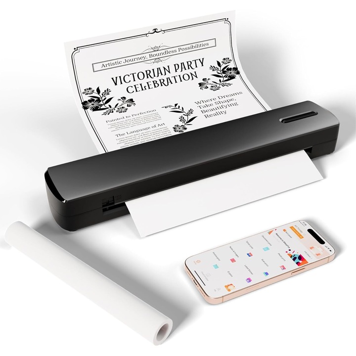 Преносим термопринтер zzmorni, без мастило, ултрапреносим дизайн, безжична свързаност, 29.4 x 6.3 x 3.8 см