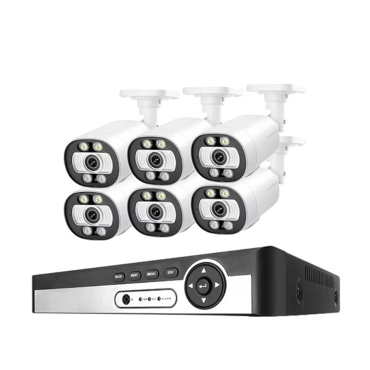 Kit Supraveghere IP PoE cu 5 Camere 8MP (4K) IR 50m, exterior, inregistrare 8MP, extensibil la 16, Complet, acces mobil, noapte/zi, OOGIS™ P8MF5ERR