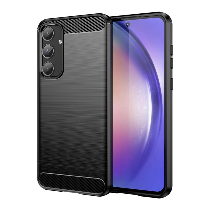 Устойчив на въглерод калъф за Samsung Galaxy A55, ОПТИМАЛНО РЕШЕНИЕ, Силиконов TPU по-добра защита, дизайн на влакна, оптимизация против удар, дълготраен калъф, черен