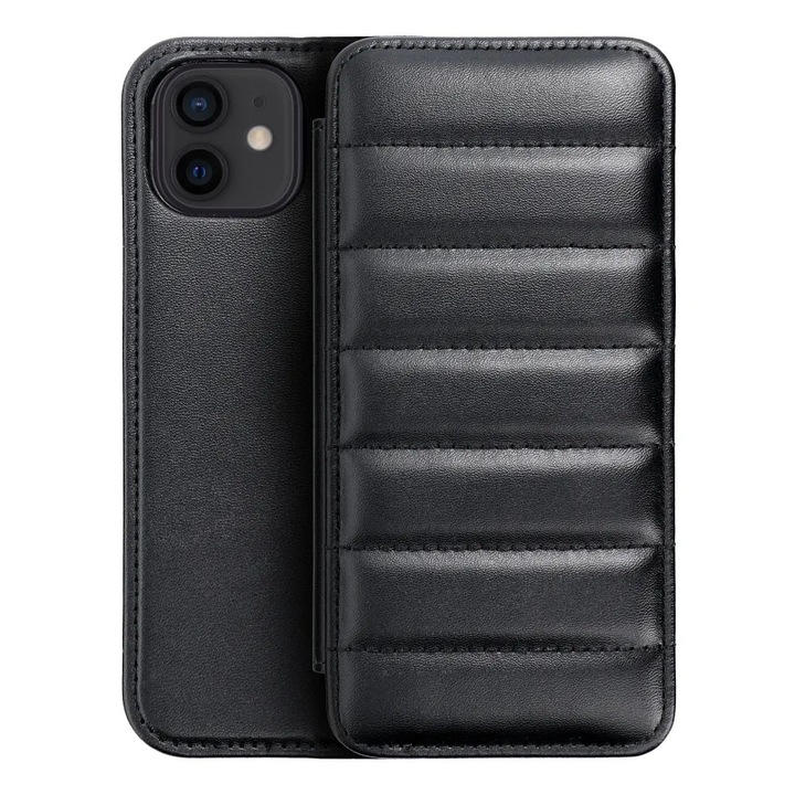 Husa Flip Puffer pentru Apple Iphone 7/8/SE, Inchidere Magnetica, TPU (outside) + PU (inside), Functie de stand, Negru
