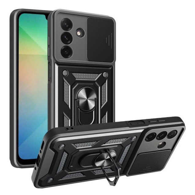 Husa Spate Upzz® Camshield Compatibila Cu Samsung Galaxy A56 5G, Protectie La Camere, Inel Metalic, Stand - Negru