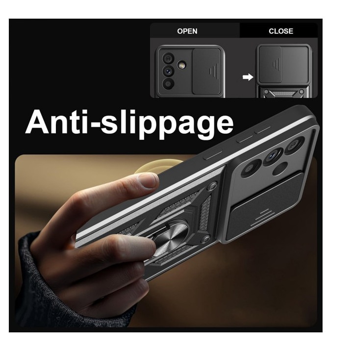 Husa Spate Upzz® Camshield Compatibila Cu Samsung Galaxy A56 5G, Protectie La Camere, Inel Metalic, Stand - Negru