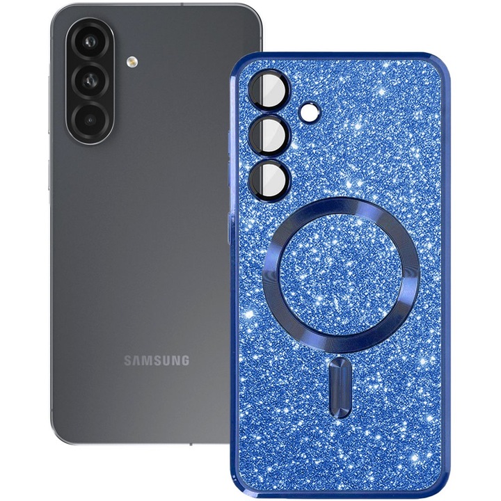 Husa magnet pentru Samsung Galaxy A56 5G, Glitter MagCase, Sclipici integrat, Protectie lentile camere, Rama electroplacata, Accente metalizate, Margini ridicate, Incarcare wireless, Magnetica, Albastru inchis