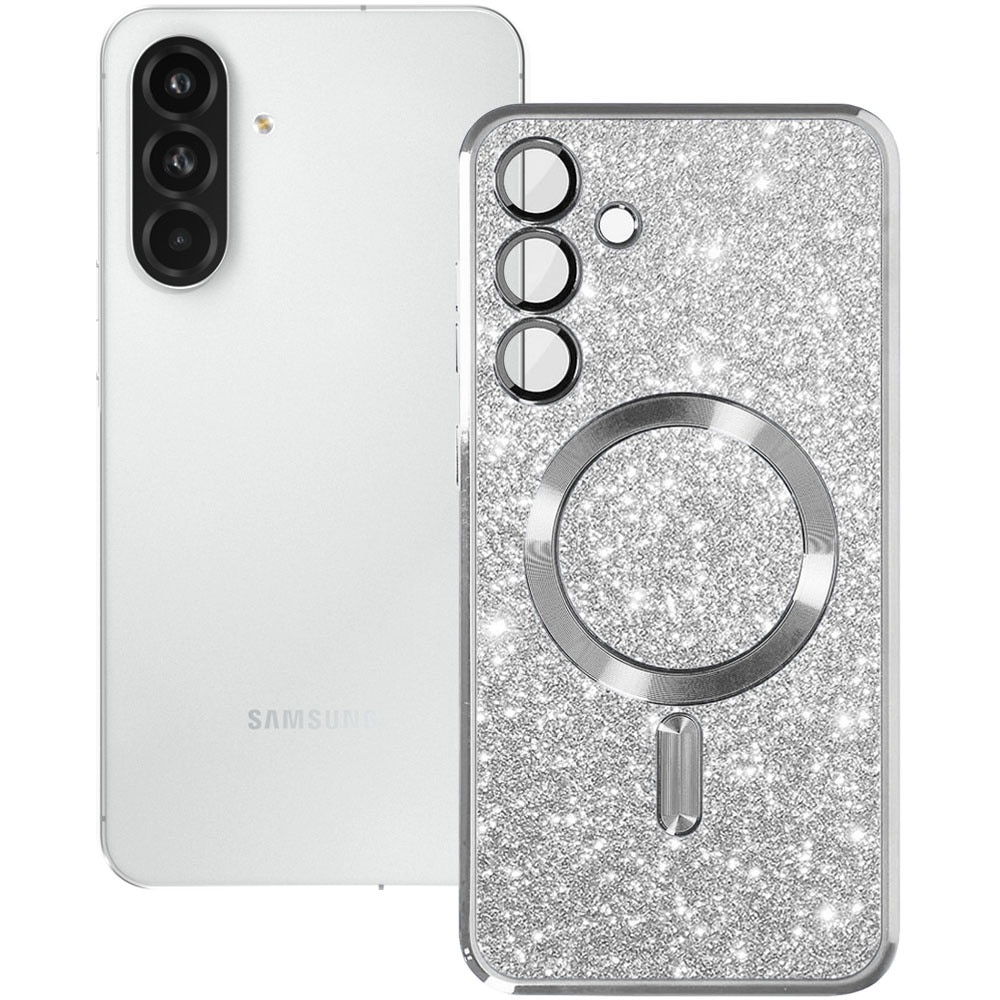 Husa magnet pentru Samsung Galaxy A56 5G, Glitter MagCase, Sclipici integrat, Protectie lentile camere, Rama electroplacata, Accente metalizate, Margini ridicate, Incarcare wireless, Magnetica, Argintiu