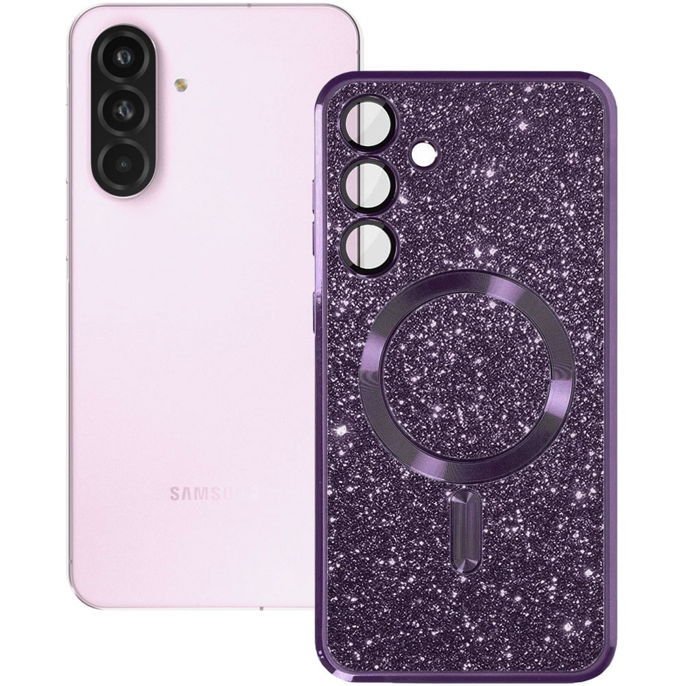 Husa magnet pentru Samsung Galaxy A56 5G, Glitter MagCase, Sclipici integrat, Protectie lentile camere, Rama electroplacata, Accente metalizate, Margini ridicate, Incarcare wireless, Magnetica, Mov inchis