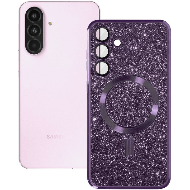 Husa magnet pentru Samsung Galaxy A56 5G, Glitter MagCase, Sclipici integrat, Protectie lentile camere, Rama electroplacata, Accente metalizate, Margini ridicate, Incarcare wireless, Magnetica, Mov inchis