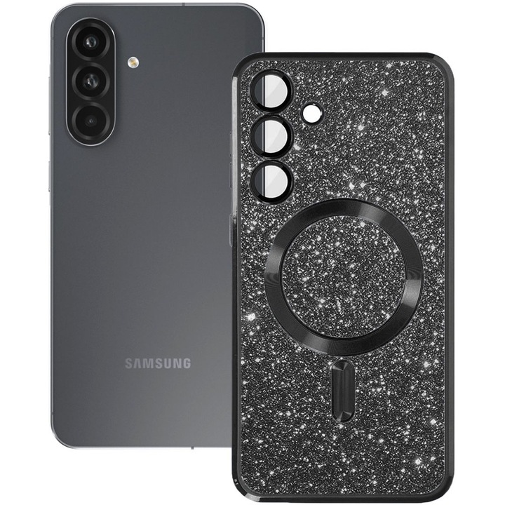 Husa magnet pentru Samsung Galaxy A56 5G, Glitter MagCase, Sclipici integrat, Protectie lentile camere, Rama electroplacata, Accente metalizate, Margini ridicate, Incarcare wireless, Magnetica, Negru