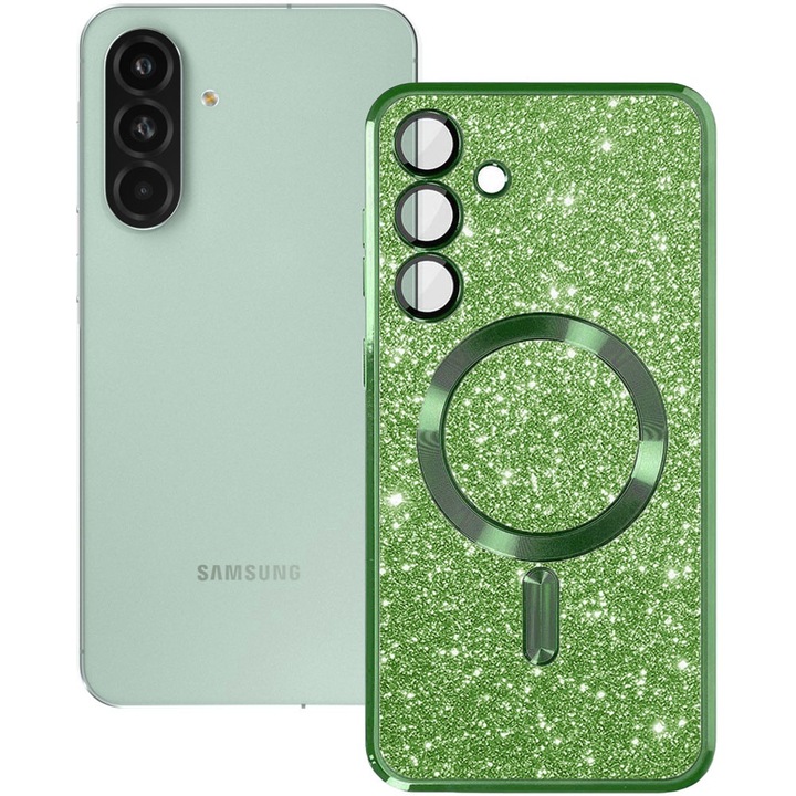 Husa magnet pentru Samsung Galaxy A56 5G, Glitter MagCase, Sclipici integrat, Protectie lentile camere, Rama electroplacata, Accente metalizate, Margini ridicate, Incarcare wireless, Magnetica, Verde inchis