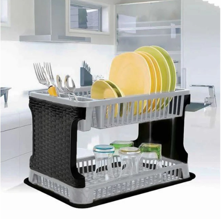 Двуетажна черно-сива ратанова поставка за съдове 40x26x27 см