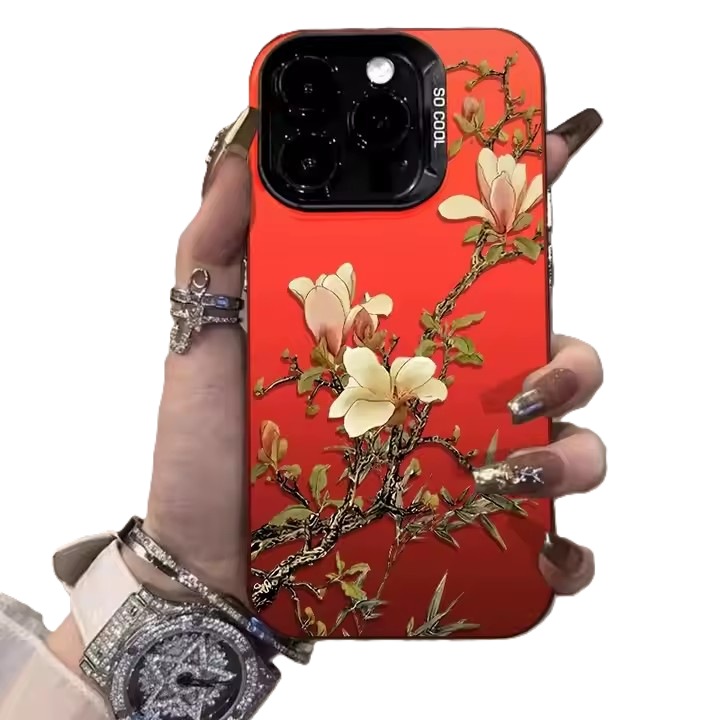 Telefontok, Iphone 15 kompatibilis, ütésálló, TPU+PC anyagú, magnólia mintás, piros