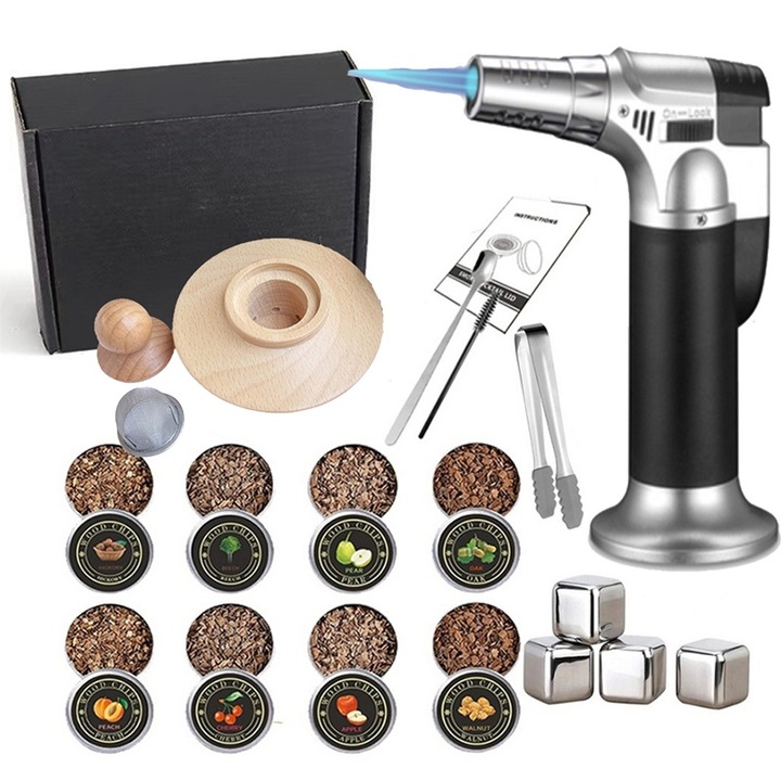 Set de afumator rotund pentru cocktail cu torta si flacara, 8 condimente, pungi pentru cuburi de gheata, otel inoxidabil/lemn, ziua tatalui, cadou pentru iubit (butan nu este inclus)