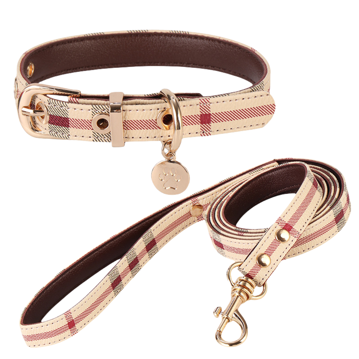 Bőr kutyanyakörv, húzókötéllel, bézs, 23-33cm