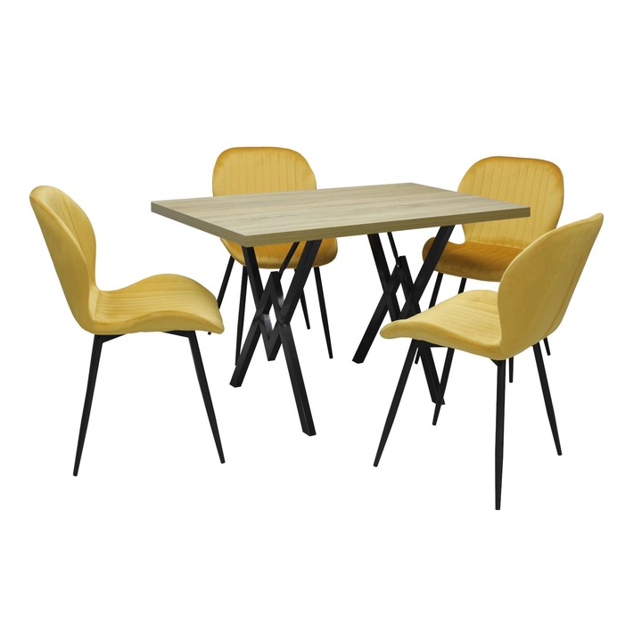 Set masa fixa Arta Stejar cu 4 scaune Opal Galben, picioare negre, tapiterie din material textil, dreptunghiulara, blat din PAL laminat, 120x70x75 cm