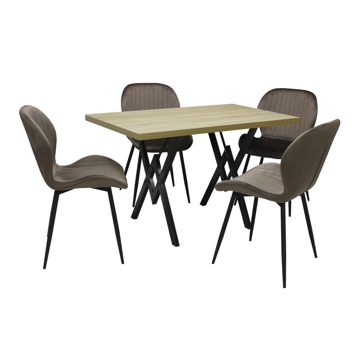 Set masa fixa Arta Stejar cu 4 scaune Opal Maro, picioare negre, tapiterie din material textil, dreptunghiulara, blat din PAL laminat, 120x70x75 cm
