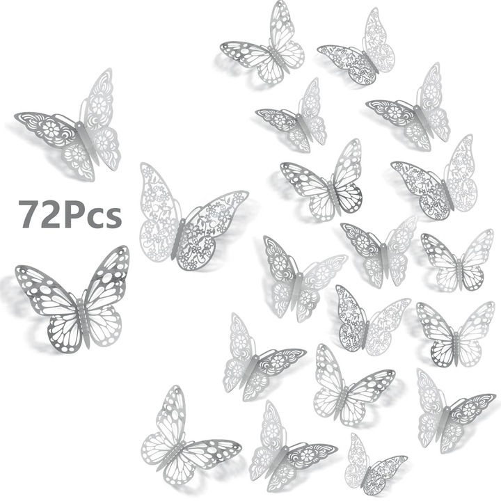 Set 72 Stickere Decorative Fluturi 3D, Hggzeg, Decoratiuni casa sau evenimente, Cu puncte adezive pentru fixare, Usor de curatat, Pentru dormitor copii, living, bucatarie, Hartie, 3 Dimensiuni (8cm, 10cm, 12cm), Argint