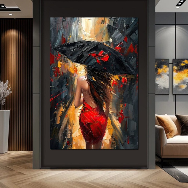 Първокласна картина на платно, LuxCanva® G1034, Стъпки през бурята, 80 X 120 CM, 100% памучно платно 400g/m2, Дървена рамка, Дъжд, Град, Женственост, Страст, Модерност, Коса, Дълга, Всекидневна, Спалня, Живи цветове