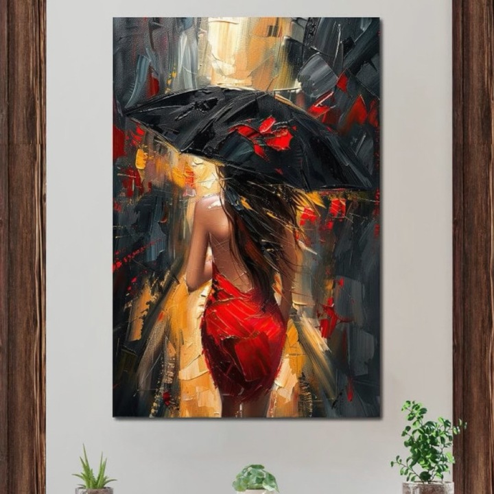 Премиум картина върху платно, LuxCanva® G1034, Стъпки през бурята, 100 X 150 CM, 100% памучно платно 400g/m2, дървена рамка, Дъжд, Град, Женственост, Страст, Модерност, Коса, Дълга, Хол, Спалня, Ярки цветове