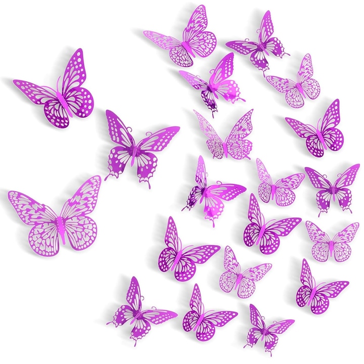 Set 72 Stickere Decorative Fluturi 3D, Hggzeg, Decoratiuni casa sau evenimente, Cu puncte adezive pentru fixare, Usor de curatat, Pentru dormitor copii, living, bucatarie, Hartie, 3 Dimensiuni (8cm, 10cm, 12cm), Rosu trandafir