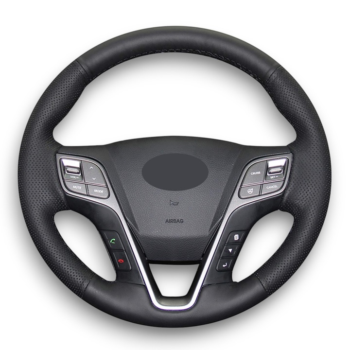 Husa volan piele dedicata Hyundai Santa Fe 2015, cusuta manual, culoare cusatura negru