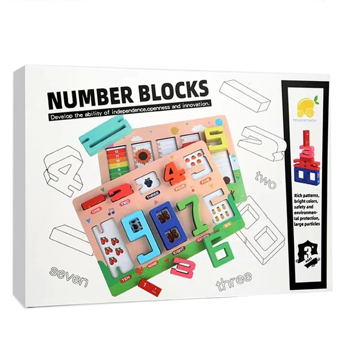 Tabla educativa cu cifre de la 1 la 10, tabla fata-verso, pentru copii 3 ani+, din lemn, 34x24 cm, multicolor