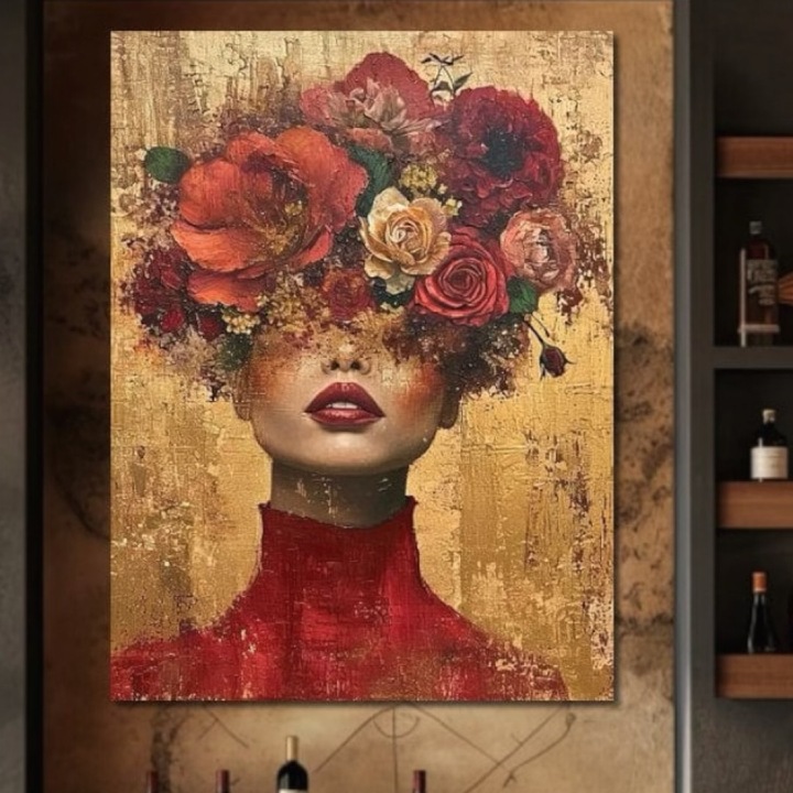 Премиум картина върху платно, LuxCanva® G1029, Жена и рози, 100 X 135 СМ, 100% памучно платно 400 г/м2, дървена рамка, Природа, Венчелистчета, Рози, Детайли, Портрет, Романтика, Хол, Спалня, Ярки цветове
