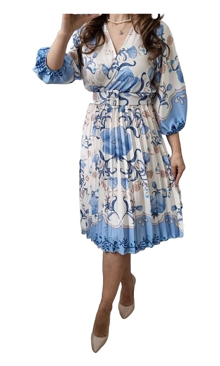 Rochie plisata saten, maneca scurta blufanta, Imprimeu floral ALBASTRA