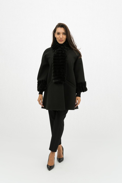Palton Negru Elegant cu Blana Tatiana - 3XL(46)