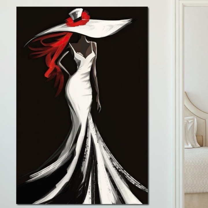 Премиум картина върху платно, LuxCanva® G1031, Дива в бяла рокля, 100 X 150 СМ, 100% памучно платно 400 г/м2, дървена рамка, силует, шапка, рокля, русалка, подиум, мода, стил, хол, спалня, ярки цветове