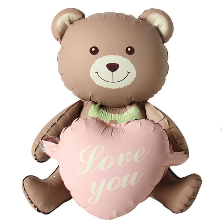 Балон от метално фолио, Flippy, анимирана фигурка, модел на плюшено мече със сърца, 105,5 x 66,5 cm, индивидуално опакован, включена сламка, надут с въздух или хелий, кафяв