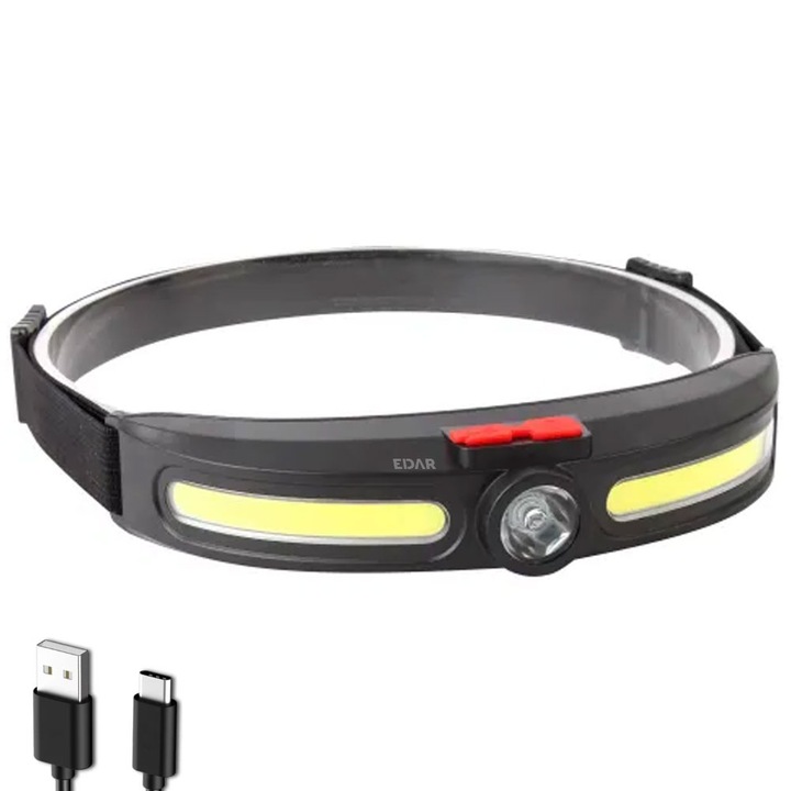 LED челник EDAR, модел JS920, за глава, професионален, 3 източника на осветление, USB захранване, 4 режима на светене, светлинен режим, за риболов, лов, работа, 25 LED, черен