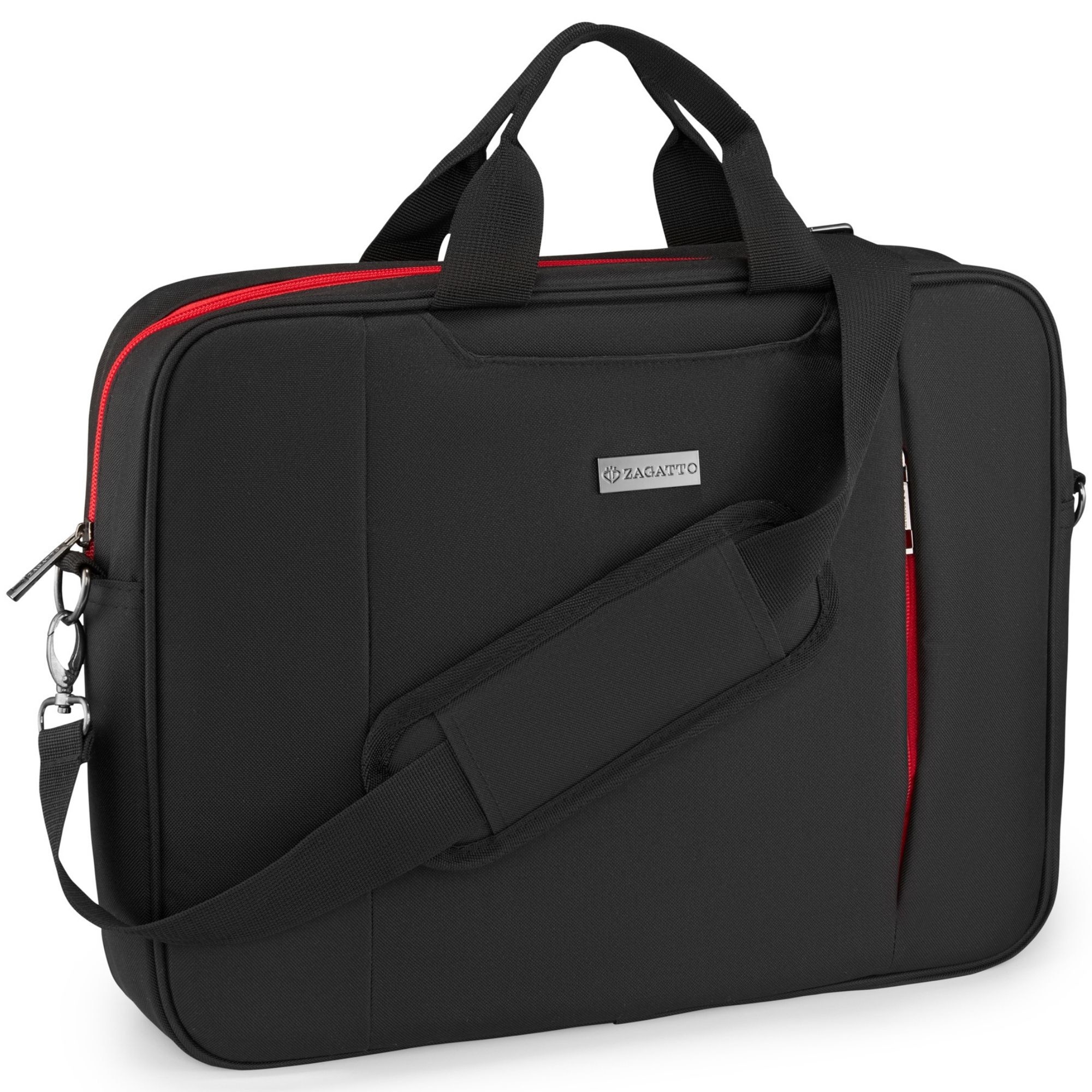 Geanta laptop dama, barbati, Zagatto®, Compatibila 15.6 inch, Dimensiune 40x31x7 cm, Negru cu rosu, Atasabila la troler, Impermeabila, Curea de umar reglabila si detasabila, Protectie antisoc, Buzunar frontal cu fermoar, Eleganta, Casual, ZG936