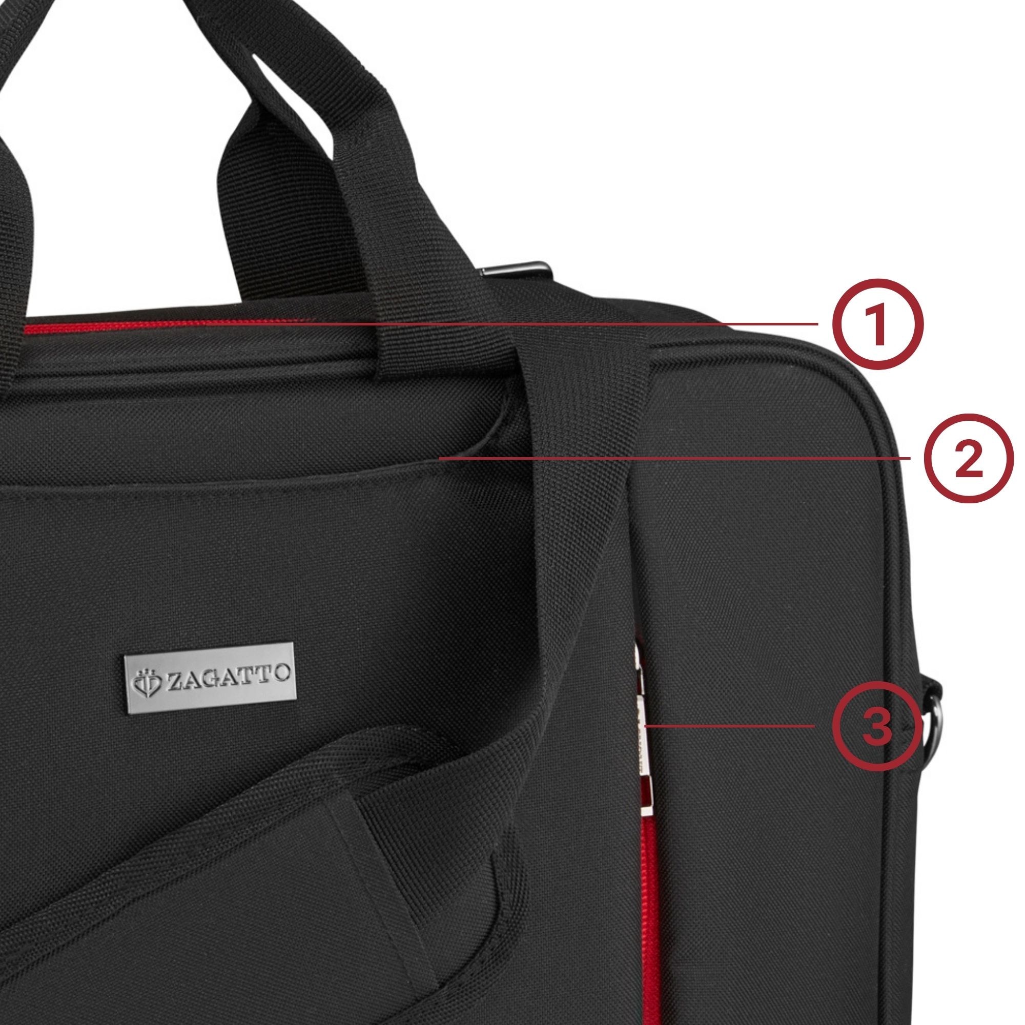 Geanta laptop dama, barbati, Zagatto®, Compatibila 15.6 inch, Dimensiune 40x31x7 cm, Negru cu rosu, Atasabila la troler, Impermeabila, Curea de umar reglabila si detasabila, Protectie antisoc, Buzunar frontal cu fermoar, Eleganta, Casual, ZG936