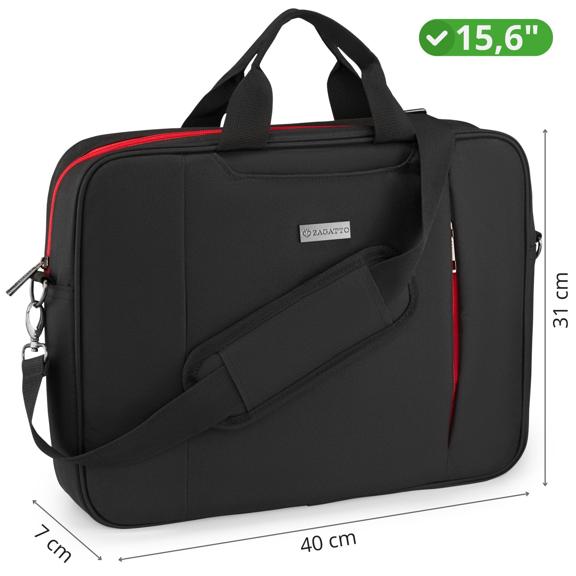 Geanta laptop dama, barbati, Zagatto®, Compatibila 15.6 inch, Dimensiune 40x31x7 cm, Negru cu rosu, Atasabila la troler, Impermeabila, Curea de umar reglabila si detasabila, Protectie antisoc, Buzunar frontal cu fermoar, Eleganta, Casual, ZG936