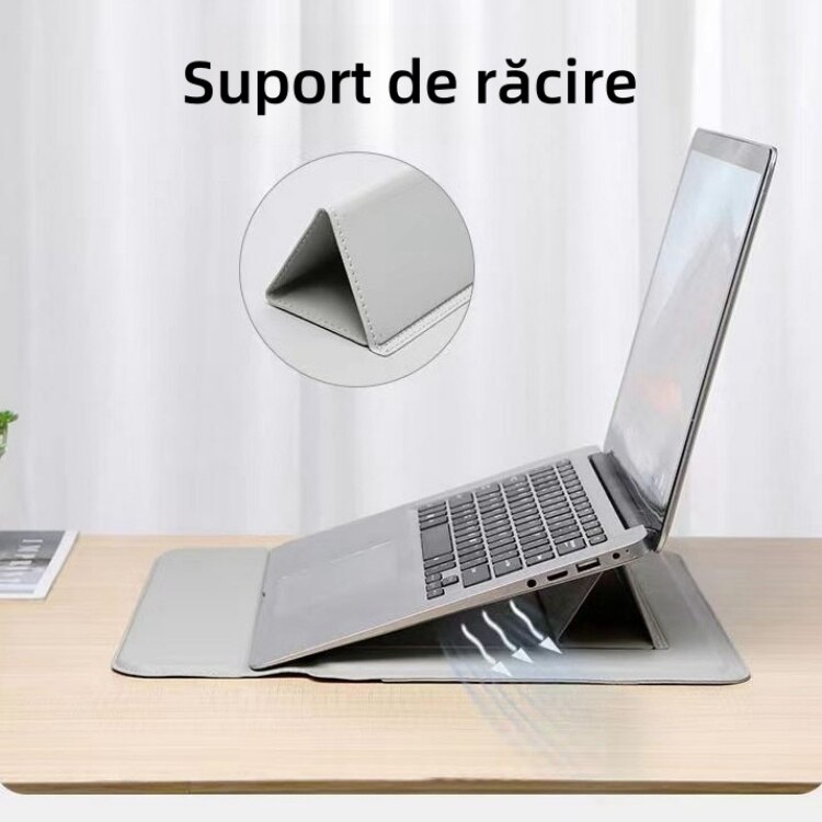 Geanta pentru laptop, suport de racire, 16 inch, capacitate mare, material PU, design subtire si usor, rezistent la apa si la uzura, gri argintiu