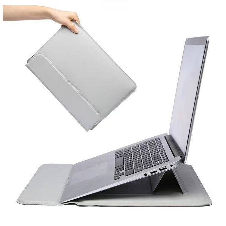 Geanta pentru laptop, suport de racire, 16 inch, capacitate mare, material PU, design subtire si usor, rezistent la apa si la uzura, gri argintiu