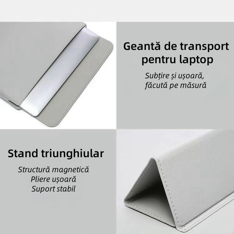 Geanta pentru laptop, suport de racire, 16 inch, capacitate mare, material PU, design subtire si usor, rezistent la apa si la uzura, gri argintiu
