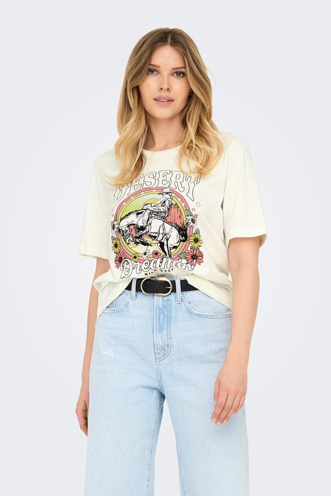 Only, Тениска с овално деколте и принт, Крем