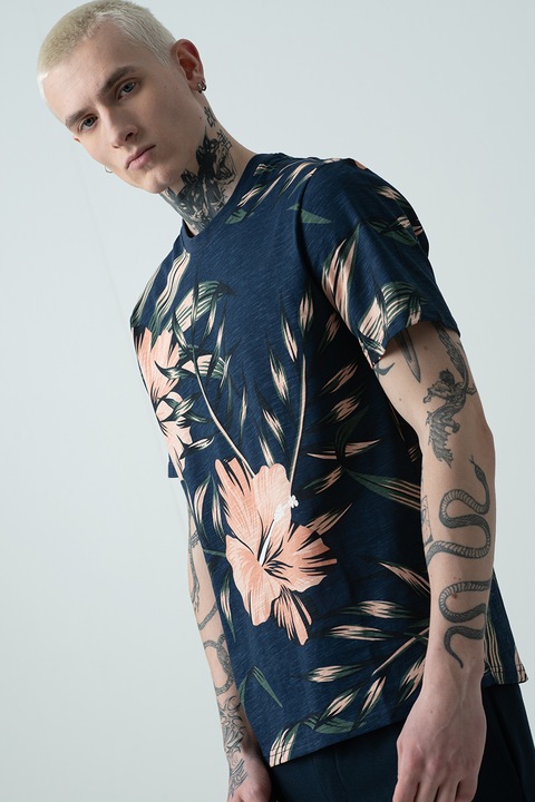 Only & Sons, Tricou cu imprimeu floral, Verde englez/Roz prafuit/Bleumarin