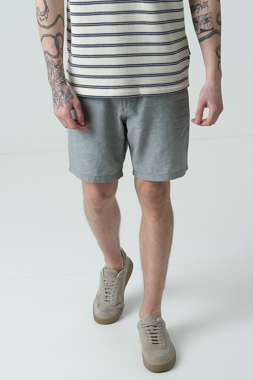 Jack & Jones, Pantaloni scurti chino din amestec de in, Verde melange inchis, XL