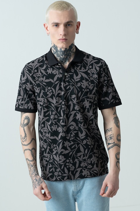 Jack & Jones, Virágmintás galléros póló, Fekete/Sötétszürke