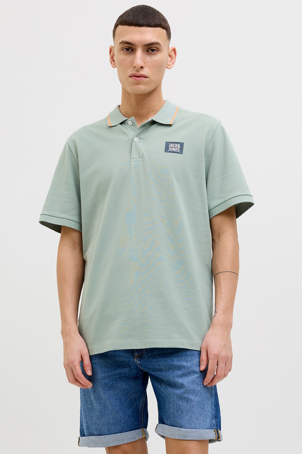 Jack & Jones, Tricou polo de bumbac cu logo, Verde pal, L