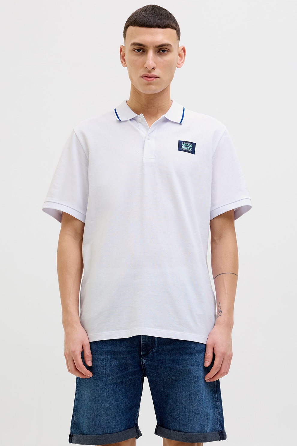 Jack & Jones, Tricou polo de bumbac cu logo, Alb, S