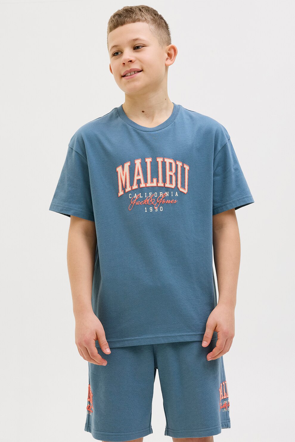 Jack & Jones, Tricou cu decolteu la baza gatului, imprimeu text si logo, Albastru prafuit, 164 CM