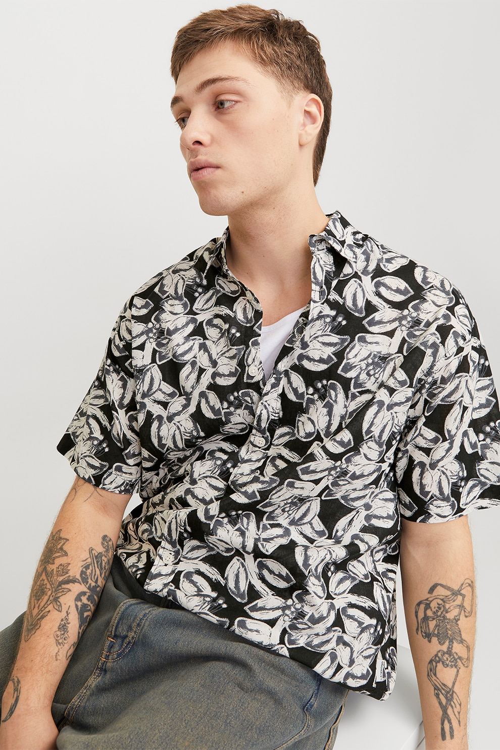 Jack & Jones, Camasa cu model si maneci scurte, Alb, Negru, M