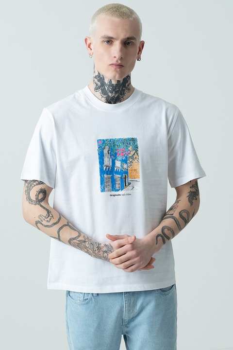 Jack & Jones, Paros mintás pamutpóló, Fehér/Fekete/Királykék