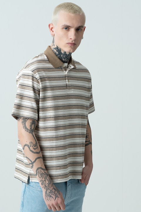 Jack & Jones, Galléros póló csíkos mintával, Fehér/Fekete/Világosbarna