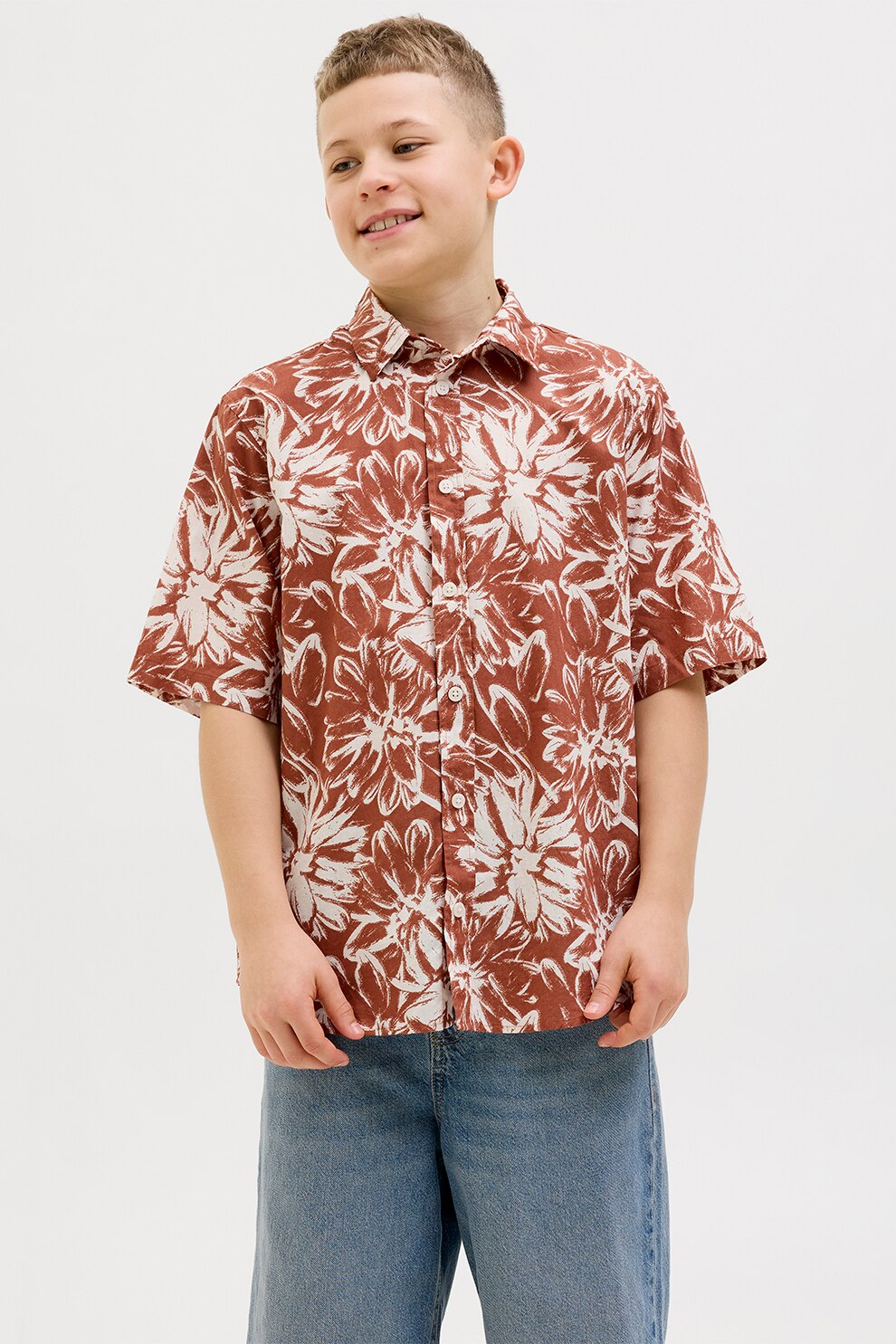 Jack & Jones, Camasa cu imprimeu tropical, Alb, Caramiziu, 152 CM