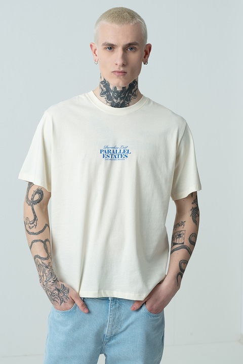 Jack & Jones, Kerek nyakú feliratos pamutpóló, Pasztellrózsaszín/Kék/Krémszín